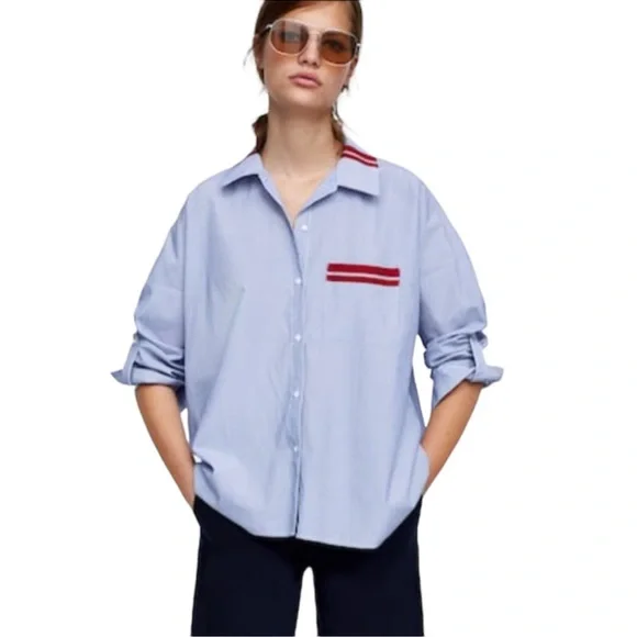 Zara Striped Button Up Shirt with Red Ribbon Accents - Picture 2 of 11